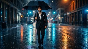 Bruno Mars 身穿黑色西裝，在雨夜的都市中漫步。 — 火星人布魯諾 壁紙