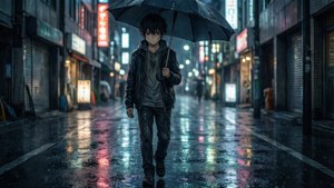 動漫男孩拿著雨傘夜晚走過雨夜霓虹燈照亮的城市街道。 — 可憐動漫 壁紙