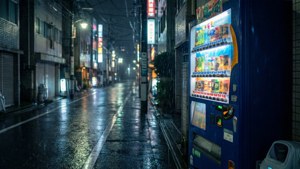 雨夜東京街上的藍色自動販賣機，霓虹燈在濕人行道上反射。 — 秒速5公分 壁紙