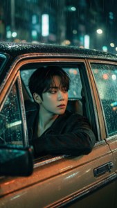 車內的年輕人從雨水浸濕的車窗望向夜晚發光的城市 — 智旻 壁紙