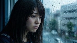 一位悲傷的年輕女子穿著校服看著下雨的窗外。