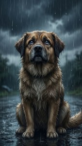 一隻悲傷的棕色狗坐在雨中，眼淚從眼睛裡掉下來。 — iPhone 6 壁紙