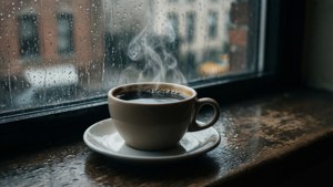 雨天窗台上冒著熱氣的熱咖啡 — 早安 壁紙