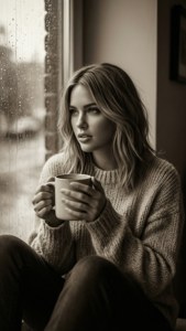 麥莉·賽勒斯穿著毛衣，在雨窗前握著馬克杯，呈現懷舊與內省的氛圍。
