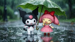 Little Twin Stars 在雨中撐著樹葉傘玩耍