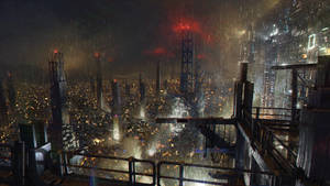 未來城市的雨夜景色，發光的燈光和高樓大廈。 — 極高畫質 壁紙