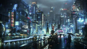 撐傘的人在夜晚的雨中霓虹燈城市中行走。 — 2021 桌面 壁紙