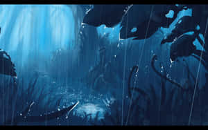 藍色調的叢林場景，大雨傾盆，水滴發光。 — 魔法森林 壁紙