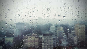 窗玻璃上的雨滴，背後是模糊的城市景觀。 — 來自紅花坂 壁紙