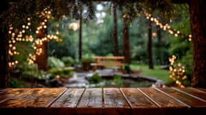 松樹下潮濕的木桌，串燈在雨中閃耀 — 花園 壁紙