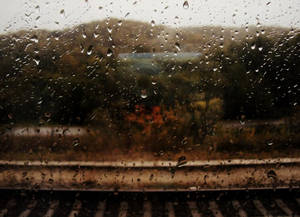 火車窗上的雨滴，顯示模糊的秋樹和軌道。 — 火車 壁紙
