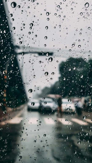 車窗上的雨滴，外面可見模糊的街道和汽車。 — 天氣 壁紙