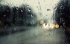 窗戶上的雨滴，背景中模糊的城市燈光閃爍。 — 下雨 壁紙