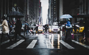 撐傘的行人和騎單車者穿越一條濕漉漉的、兩旁高樓林立的城市街道。 — 人物 壁紙