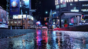 雨濕的夜晚城市街道反射著霓虹燈和廣告牌。 — 多倫多 壁紙