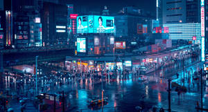 東京夜晚街道，霓虹燈光與濕路面反射城市光芒。 — 城市燈光 壁紙