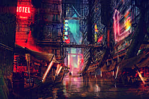 夜雨中霓虹招牌閃爍的 cyberpunk 城市小巷。 — 像素藝術 壁紙
