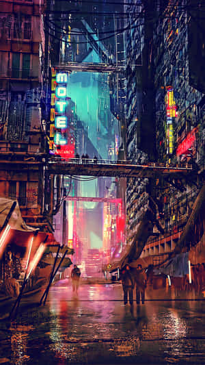 夜晚霓虹燈照亮的賽博龐克小巷，帶有雨反射和行人。 — 美學天空 壁紙
