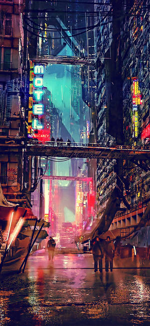 賽博龐克城市小巷，在夜雨中閃爍著霓虹招牌。 — 插畫 iPhone 壁紙