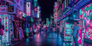 霓虹燈照亮的城市小巷夜晚，發光招牌和撐傘的人們。 — 東京喰種風格 壁紙