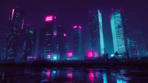 夜間未來城市天際線，霓虹燈反射在濕漉漉的路面上 — 城市風景 壁紙