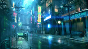 未來城市街道夜景，霓虹招牌在濕路面上反射。 — 電馭叛客2077 壁紙