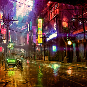 未來城市街道夜景，霓虹招牌在濕路面上反射。 — 賽博龐克城市 壁紙