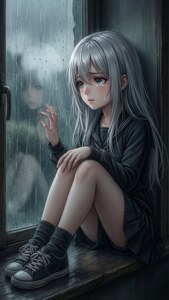 一個悲傷的銀髮動漫女孩坐在雨窗前，淚水落下。 — 可憐動漫 壁紙