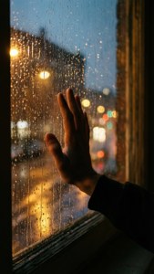 手觸摸帶有雨痕的窗戶，模糊的城市燈光在夜晚閃爍。 — 憂鬱 GIF 壁紙