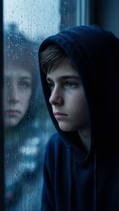 穿著深色連帽衫的青少年，帶著若有所思的表情望著濺滿雨水的窗戶。 — iPhone 8 Plus 壁紙