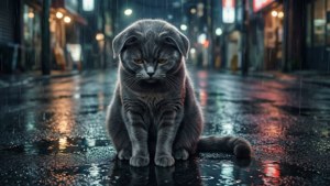 灰色貓咪坐在雨中濕漉漉的城市街道上，有霓虹燈反射。 — 動漫貓 壁紙