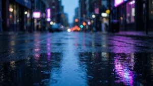 雨夜的城市街道，潮濕的路面上閃爍著霓虹燈的倒影。 — 憂鬱美學 壁紙