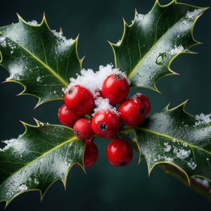 冬季灑滿雪的冬青果實和葉子的特寫。 — 聖誕美學 壁紙