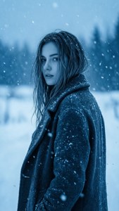 冬季降雪時，身穿深色外套的女性站在雪地森林中。 — 羅德·韋夫 壁紙