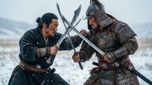 兩名身穿盔甲的戰士在雪地上用劍戰鬥。 — 對馬戰鬼 壁紙