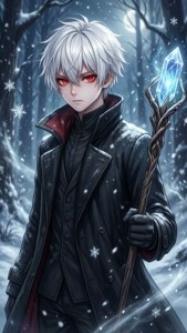 一位白髮動漫少年手持水晶法杖，佇立於夜晚的雪林中。