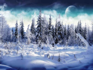 白雪覆蓋的松樹，暮色天空下閃耀的月亮。 — 雪景 GIF 壁紙