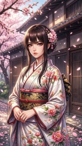 穿著花卉和服的年輕女性在傳統日本庭院中的櫻花下。 — 女神異聞錄4 壁紙