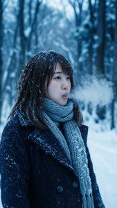 一幅櫻島麻衣在雪覆森林中的寧靜桌布。 — 櫻島麻衣 壁紙