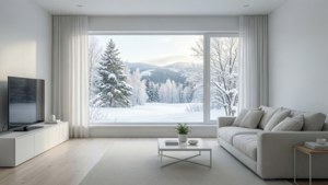 通過大窗戶欣賞雪山的現代客廳。 — 白色美學動圖 壁紙