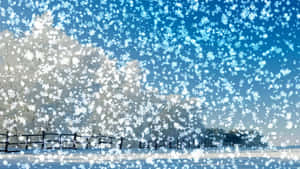 在清澈的藍天下，雪花飄落在白雪覆蓋的樹木和木柵欄上。 — 冬季美學 壁紙