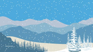 白雪覆蓋的松樹和遠處的山脈，在飄雪的天空下。 — 冬季風景 壁紙