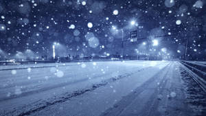 夜晚，雪花飄落在由街燈照亮的黑暗高速公路上。