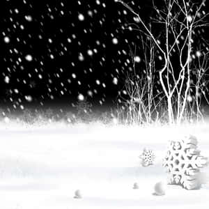 夜晚，雪花飄落在有裸樹和裝飾性雪花的雪地上。 — 白雪公主 壁紙
