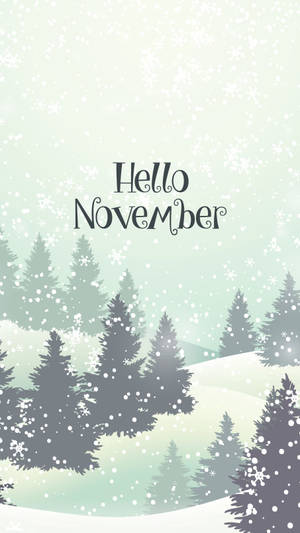 雪花落在松樹上，薄荷綠色天空中有「Hello November」文字。 — Bugatti iPhone 壁紙