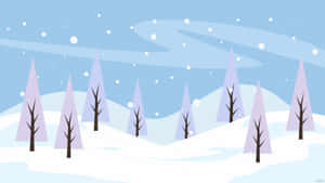 藍天下有紫色松樹和飄雪的雪冬日森林。 — 冬季風景 壁紙