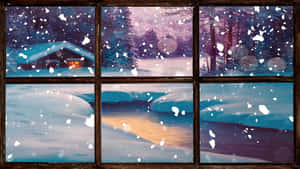 窗外飄雪，顯示暮色中的小屋和森林。 — 冬季美學 壁紙