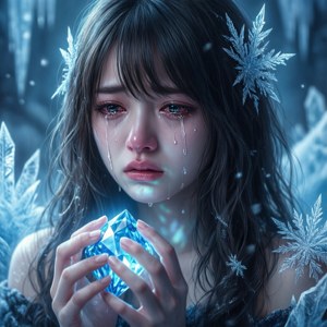 一個哭泣的動漫女孩，頭髮上有雪花，在冰凍場景中手持發光的藍色水晶。 — 幽遊白書 壁紙
