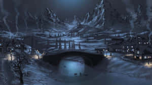 雪覆蓋的山村夜晚，石橋和發光的燈籠。 — 冬季美學 壁紙