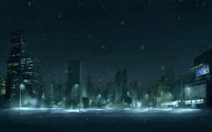 夜晚黑暗的城市街道上飄雪，建築物燈火通明。 — 冬季風景 壁紙